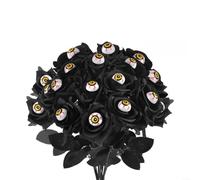 Floweringbeter Lot de 15 bouquets de roses artificielles avec globe oculaire pour fête d'Halloween, 38 cm, noir, orange, violet, rouge, fleurs en tissu de soie (rose noire)
