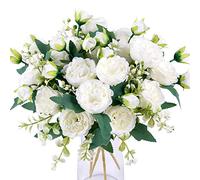 Floweroyal Lot de 4 Bouquets de pivoines artificielles Blanches en Soie pour fête de Mariage, Centre de Table, Arrangement Floral, décoration de la Maison et de la Cuisine.