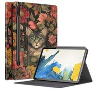 Flowers Garden Cat Étui pour Samsung Galaxy Tab S8 Plus/Tab S7 FE 12,4" 2021 / Galaxy Tab S7 Plus 2020, plusieurs angles de vue avec porte-stylo S et mise en veille/réveil automatique