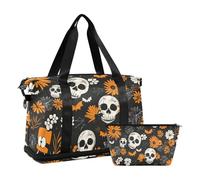 Flowers with Halloween Elements Night Travel Duffle Bag Nuitée Carry On Tote and Bagages with Adjustable Strap for Avion Travel 2 Piece Set, Flowers with Halloween Elements, 1 Size, Fleurs avec des