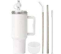 FloweryOcean 1200 ml 40 OZ Tasse Isotherme Voyagee, Tasse à Café Acier Inoxydable à double paroi, Mug Isotherme avec poignée, paille et couvercle en silicone, Blanc