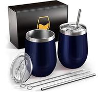 FloweryOcean Deux 350ml Verre à vin thermo acier inoxydable,isolation sous vide double couche mug,sans BPA,tasses à café réutilisables,adaptées aux au camping,aux voyages,bleu foncé