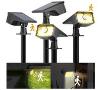 FLOWood Lampes solaires d'extérieur avec détecteur de mouvement, spots solaires blanc chaud 3000 K, lot de 4, 60 spots de jardin LED, solaire extérieur avec 2