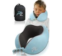 FLOWZOOM Coussin de Voyage pour Enfants - Oreiller pour Enfants Réglable en Mousse à Mémoire avec Housse en Peluche Lavable, Pochette de Transport - Avion & Voiture - Bleu, Taille M (6-10 Ans)