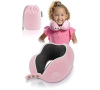 FLOWZOOM Oreiller de Voyage pour Enfants - Coussin Cervical en Mousse à Mémoire avec Largeur Réglable, Housse en Peluche Lavable et Pochette de Transport - Avion & Voiture - Rose, Taille S (3-5 Ans)