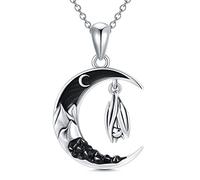 Flpruy Collier gothique avec pendentif en forme de croissant de lune en argent sterling avec pendentif chauve-souris, chat, loup, dragon, hibou, renard, araignée, soleil, Argent sterling, Base