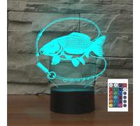 FLRXHK Veilleuse 3D à illusion de pêche - Lampe de bureau tactile avec télécommande - 16 couleurs - USB optique - Veilleuse LED pour enfants - Décoration de chambre