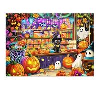 Fltengle Puzzle d'Halloween pour adultes - 1000 pièces - Décoration d'Halloween, Candy House Puzzle avec chat noir, citrouilles et fantômes