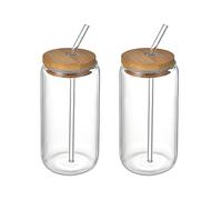 Flueyer Lot de 4 verres à bière avec couvercles en bambou et paille de 368,5 g pour jus, bière, soda, boissons glacées et cocktails