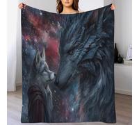 Fluffy Flannel Blanket, Dragon and Wolf Throw Blanket Wild Fantasy Animals Blankets, Soft Warm Cozy Throw Blankets for Bed, Couch, Sofa, Armchairs, Picnic, Sage Green, 220 X 240 Cm Grey
