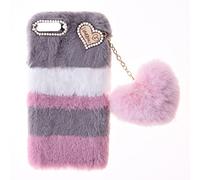 Fluffy Fur Plush Coque pour iPod Touch 5 Coque de Protection Housse TPU Bumper Etui Soft Warm Love Fluffy avec Bling Diamant Cover Fluffy Fur Skin Case pour iPod Touch 5 Touch 6 Touch 7,Collage Gris