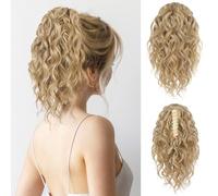 Flufymooz Extension capillaire pour queue de cheval, 31 cm, ondulée et bou avec clip pour le menton, perruques synthétiques pour femmes blond doré avec des reflets