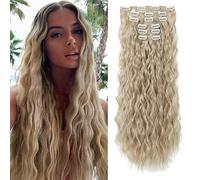FLUFYMOOZ - Extensions à clips, 60 cm, 6 pièces, longues, ondulées, extensions synthétiques épaisses et naturelles pour cheveux féminins, blond cendré naturel