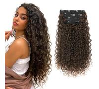 Flufymooz - Extensions de cheveux à clips, Lot de 4 pièces, 100% pure soie protéinée, longues, douces, naturelles, bou s, 50 cm, pour femmes, brun foncé avec cuivré