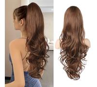 FLUFYMOOZ Ponytail Extension de queue de cheval, longue, ondulée, bouclée, clip en queue de cheval, 66 cm, pour femme, marron moyen