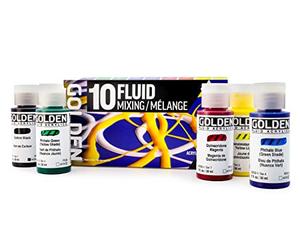 Fluid Acrylics by GOLDEN, 10 flacons de 30 ml, kit de mélange fluide, peinture acrylique professionnelle, 10 couleurs