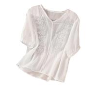 Fluide Ample Chemise Femme Lin Haut Blanc Hauts D'éTé à Manches Courtes en Coton Et Lin pour Femmes Chemises LittéRaires RéTro BrodéEs en Coton Et Fluide Ample Chemise Femme Haut (White XL)