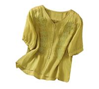 Fluide Ample Chemise Femme Lin Haut Blanc Hauts D'éTé à Manches Courtes en Coton Et Lin pour Femmes Chemises LittéRaires RéTro BrodéEs en Coton Et Fluide Ample Chemise Femme (Yellow XL)