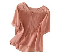 Fluide Ample Chemise Femme Lin Haut Blanc Hauts D'éTé à Manches Courtes en Coton Et Lin pour Femmes Chemises LittéRaires RéTro BrodéEs en Coton Et Fluide Ample Chemise Femme Haut (Pink XL)