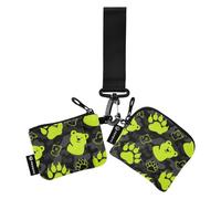 Fluorescence Green Bear Footprint Black Women Money Organizers Compact Size Credit Card Wallet Organizer with Keychain for Work Travel 2 Pcs billetera de Mujer para tarjetas