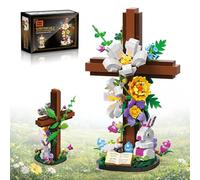 Fluorspar blaster Easter Cross Flower Building Blocks - Jésus Botanical Lily Cross avec Bunny, agneau et Eggs - Cadeaux chrétiens religieux pour femmes et adultes - Décoration d'intérieur de