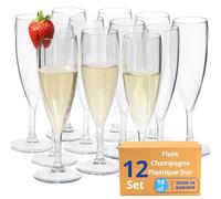 Flute Champagne Plastique Dur Incassable Gobelets Réutilisables| Sans BPA - Aspect verre 19 abriqués en U.E | Lot de 12