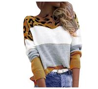 FlutVolt Pull Femme Léopard Imprimé Manches Longues Col Rond Patchwork Sweat-Shirt Automne Hiver Élégant Pull Chaud Ample Chemisiers Hauts Imprimé Léopard Pull, jaune, S