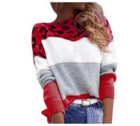 FlutVolt Pull Femme Léopard Imprimé Manches Longues Col Rond Patchwork Sweat-Shirt Automne Hiver Élégant Pull Chaud Ample Chemisiers Hauts Imprimé Léopard Pull, Rouge, XL