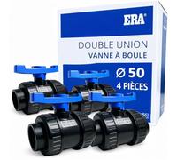 FLUXI-TECH - Vanne à Boule PVC Ø 50 mm - Lot de 4 - Double Union à Coller - Pression PN16 bars - Résistante aux Produits Chimiques (60°C) - pour Piscine, Jardin, Arrosage, Plomberie - Poignée Bleue