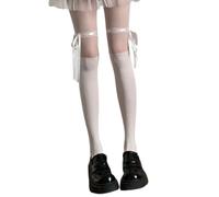 Fluxioxtna Collants patchwork transparents pour femmes et adolescentes - Nœuds en ruban opaques à motifs - Bas montants - Leggings avec nœuds en ruban, Velours blanc laiteux, Taille unique