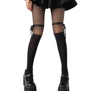 Fluxioxtna Collants patchwork transparents pour femmes et adolescentes - Nœuds en ruban opaques à motifs - Bas montants - Leggings avec nœuds en ruban, Noir velouté, Taille unique