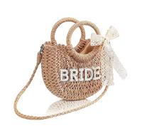Fluxioxtna Sac à bandoulière compact en paille tissée française avec nœud en dentelle pour mariée/Mme, Mariée, Taille unique