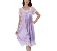 Flwydran Chemise de nuit à manches courtes en satin de soie pour femme, robe de nuit victorienne rose grande taille, violet, S