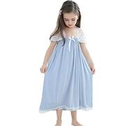 Flwydran Chemise de nuit pour fille - Vêtement de nuit en dentelle - Robe de nuit princesse, bleu, 6-7 ans