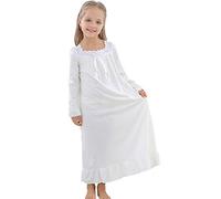 Flwydran Chemise de Nuit Pyjama pour Fille 3-13ans Robe de Nuit à Manches Longues en Dentelle en Coton pour Enfant