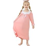 Flwydran Chemise de Nuit Pyjama pour Fille 3-13ans Robe de Nuit à Manches Longues en Dentelle en Coton pour Enfant (5-6 Ans, Rose)