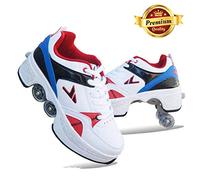 FLY FLU Bottes De Patins à roulettes Quad Réglables à 4 Roues, Chaussures Polyvalentes 2 en 1, Chaussures De Marche - pour Cadeau De Débutant Unisexe,Whiteblue-37