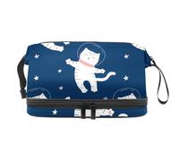 Fly in Space Trousse de toilette double couche pour femme et fille Motif chat et étoiles, multicolore, 27x15x14 cm/10.6x5.9x5.5 in, Trousse de toilette