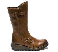 Fly London Femmes Chameau Mes 2 Bottes Compensé Talon Boucle mi-Mollet Cuir Zip