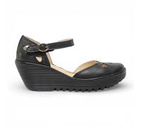 Fly London Femmes Noir Cuir Yuna Wedges Sandales Espadrille À Talons