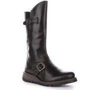FLY London MES 2 Femmes Noir mi-Mollet Compensé Fermeture Éclair Bottes Cuir