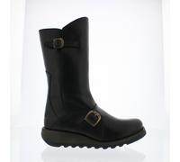 FLY London MES 2 Femmes Noir mi-Mollet Compensé Fermeture Éclair Bottes Cuir