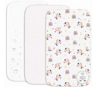 FlyIdeas Lot de 3 Draps Housse Bébé en Coton Doux - 2 Draps Housse Élastiqués + 1 Alèse Imperméable - Linge de Lit pour Berceau et Matelas (Rainbow Unicorns, 75x35 cm)