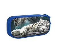 FLYIFE Grande trousse à crayons avec 2 compartiments - Motif tigre blanc - Pour filles, garçons, étudiants, école, bureau, université, bleu, Taille unique, Cartable