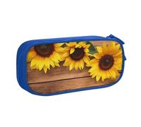 FLYIFE Grande trousse à crayons tournesol sur planche de bois avec 2 compartiments pour filles, garçons, étudiants, école, bureau, université, noir, bleu, Taille unique, Cartable