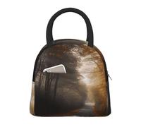 FLYIFE Sac à déjeuner isotherme imprimé Road and Leaves - Résistant à l'eau - Pour le travail, l'école, l'extérieur, le pique-nique - Noir