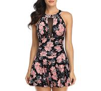 FLYILY Maillot de Bain 1 Pièce avec Jupette Maillot Une Pièce Robe de Plage Amincissante Rembourré Vintage Ruched Abdominal Contrôle(Flower,L)