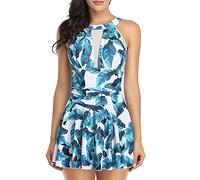 FLYILY Maillot de Bain 1 Pièce avec Jupette Maillot Une Pièce Robe de Plage Amincissante Rembourré Vintage Ruched Abdominal Contrôle(BlueLeaf,S)