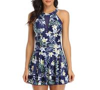 FLYILY Maillot de Bain 1 Pièce avec Jupette Maillot Une Pièce Robe de Plage Amincissante Rembourré Vintage Ruched Abdominal Contrôle(BlueFlower,XL)
