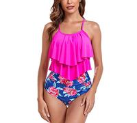 FLYILY Maillot de Bain Tankini pour Femme Haut Double à Volants Taille Haute Maillots de Bain 2 pièces Maillots de Bain(4-RoseRed,L)